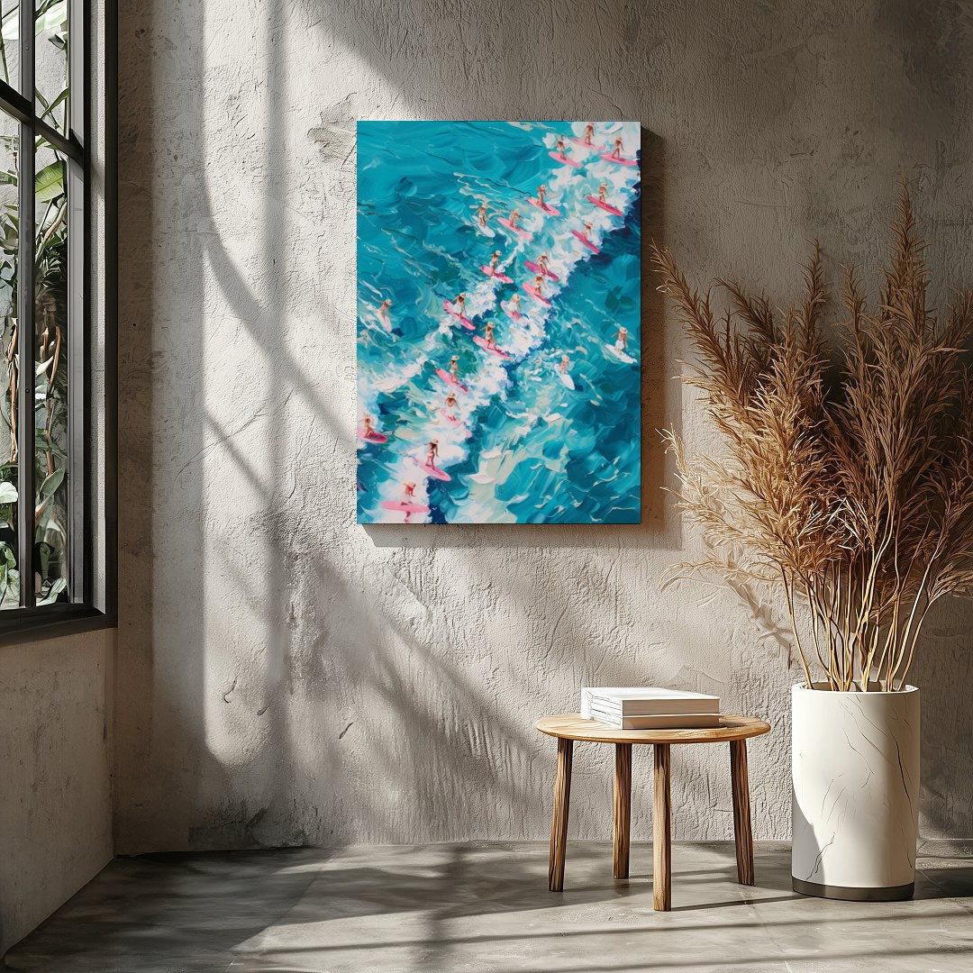 Immerse yourself in the vibrant energy of 'Surf Symphony,' where a sea of surfers rides vividly for Entrance