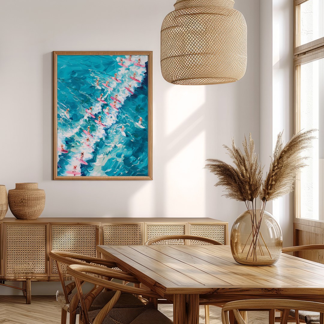 Immerse yourself in the vibrant energy of 'Surf Symphony,' where a sea of surfers rides vividly for Extra Kitchen