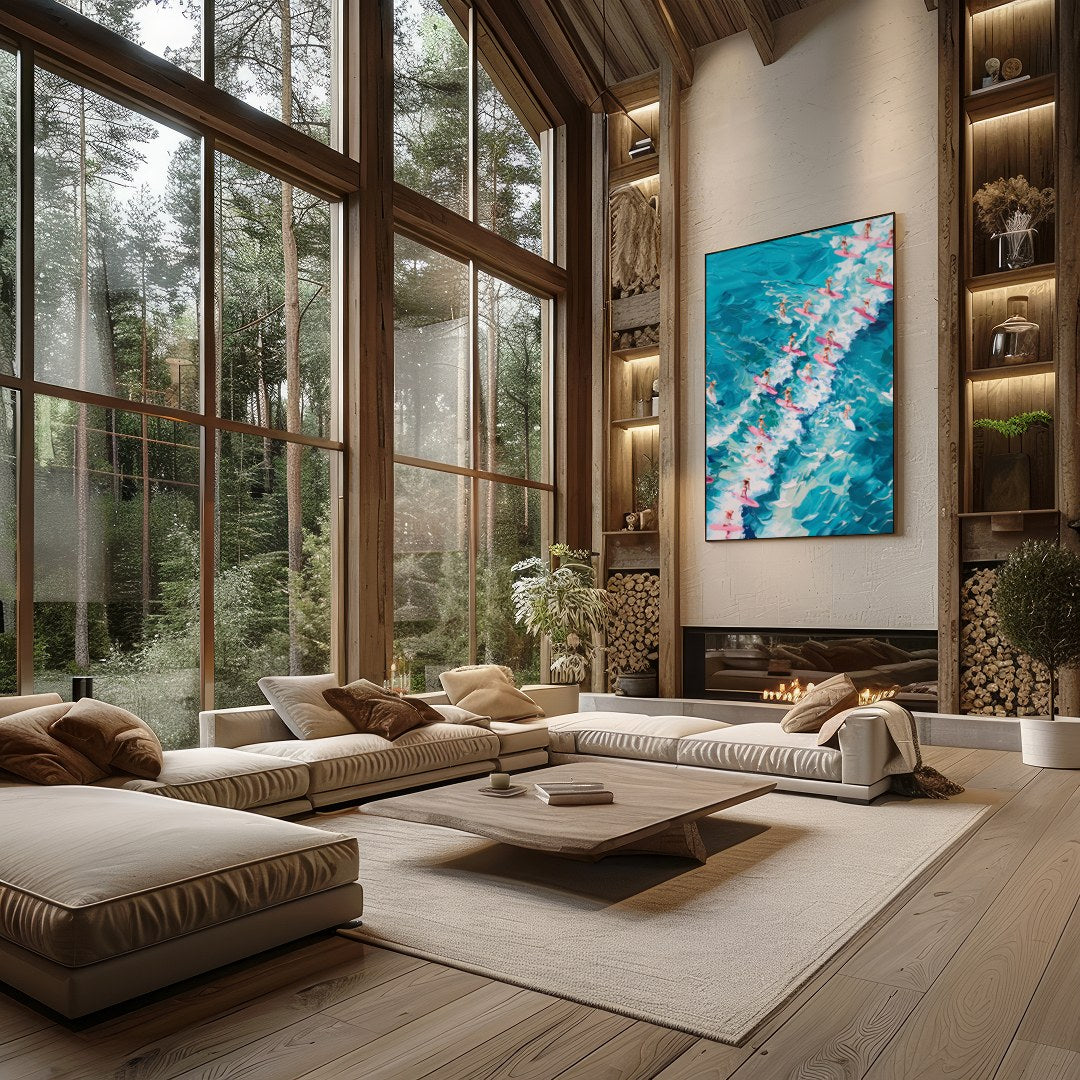 Immerse yourself in the vibrant energy of 'Surf Symphony,' where a sea of surfers rides vividly for Living Room