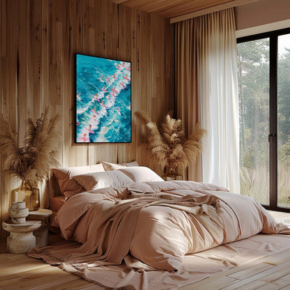 Immerse yourself in the vibrant energy of 'Surf Symphony,' where a sea of surfers rides vividly for nook