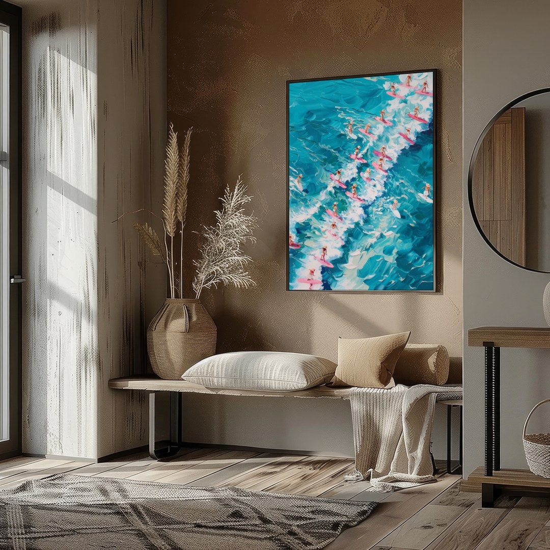 Immerse yourself in the vibrant energy of 'Surf Symphony,' where a sea of surfers rides vividly for retreat