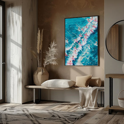Immerse yourself in the vibrant energy of 'Surf Symphony,' where a sea of surfers rides vividly for retreat