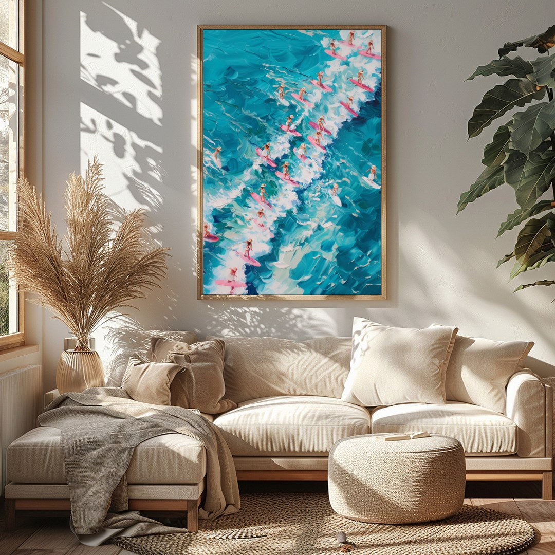 Immerse yourself in the vibrant energy of 'Surf Symphony,' where a sea of surfers rides vividly for Sitting Area