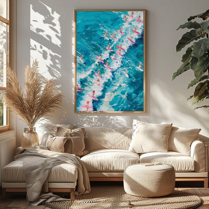 Immerse yourself in the vibrant energy of 'Surf Symphony,' where a sea of surfers rides vividly for Sitting Area