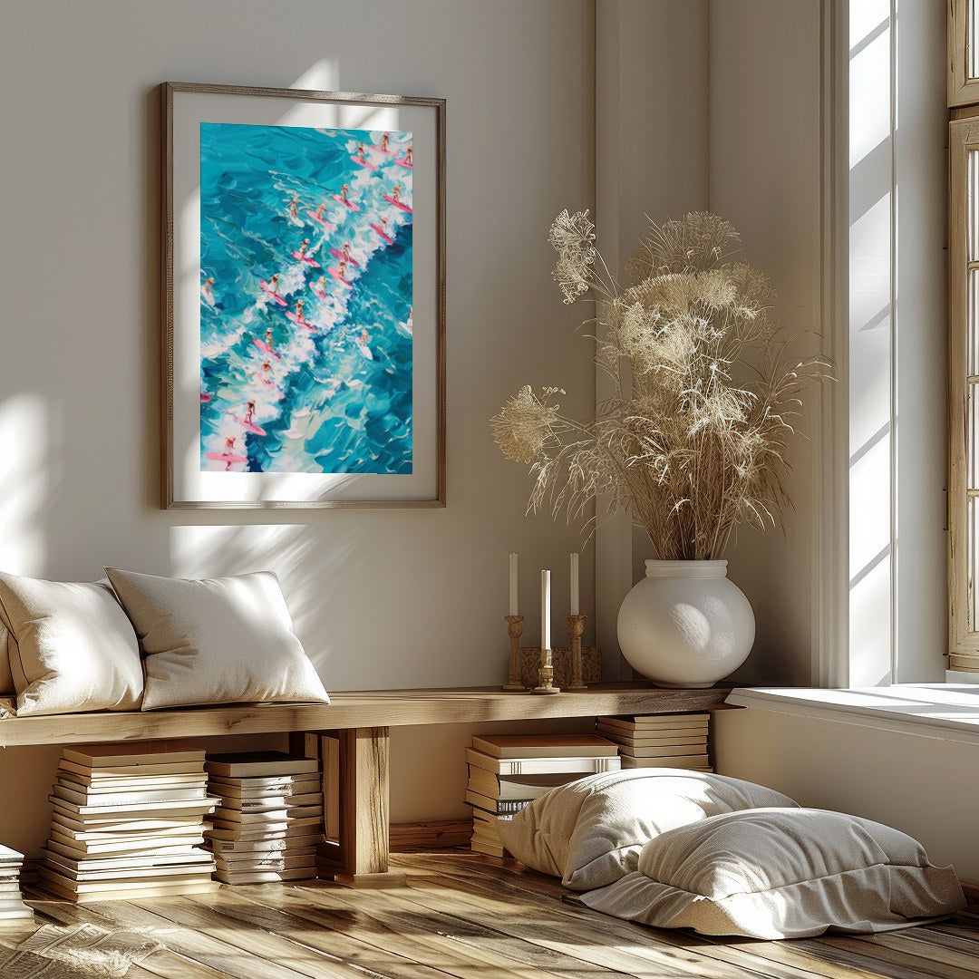 Immerse yourself in the vibrant energy of 'Surf Symphony,' where a sea of surfers rides vividly for studio