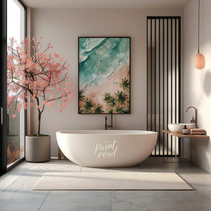 This aerial view captures a serene beach scene, blending the vibrant energy of surfers with the tra… for bathroom