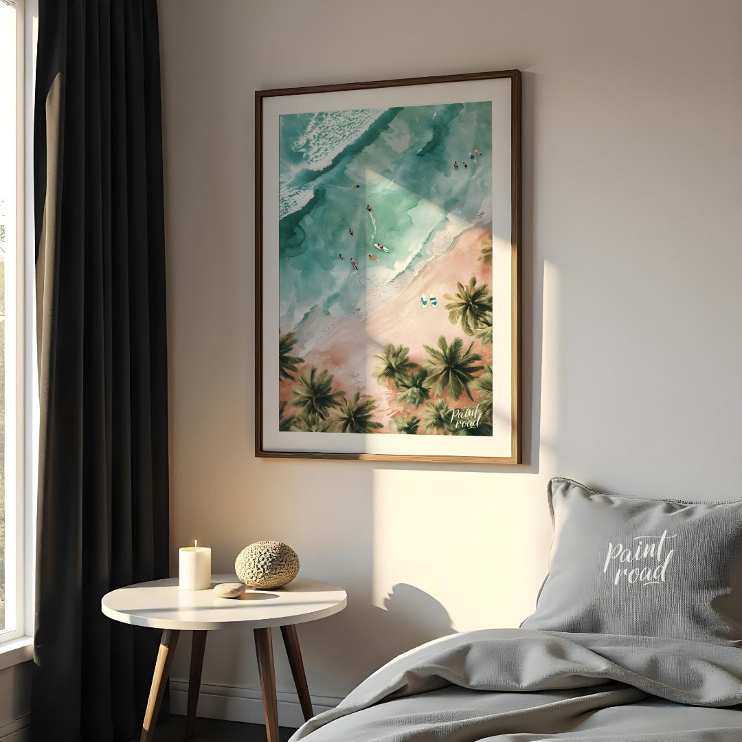 This aerial view captures a serene beach scene, blending the vibrant energy of surfers with the tra… for bedroom