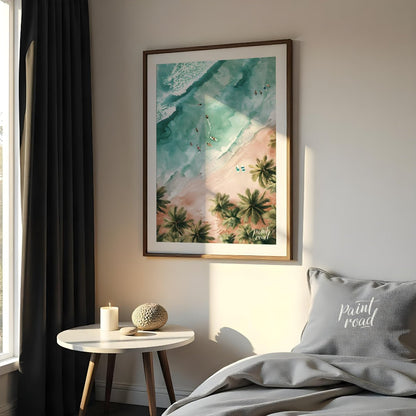 This aerial view captures a serene beach scene, blending the vibrant energy of surfers with the tra… for bedroom
