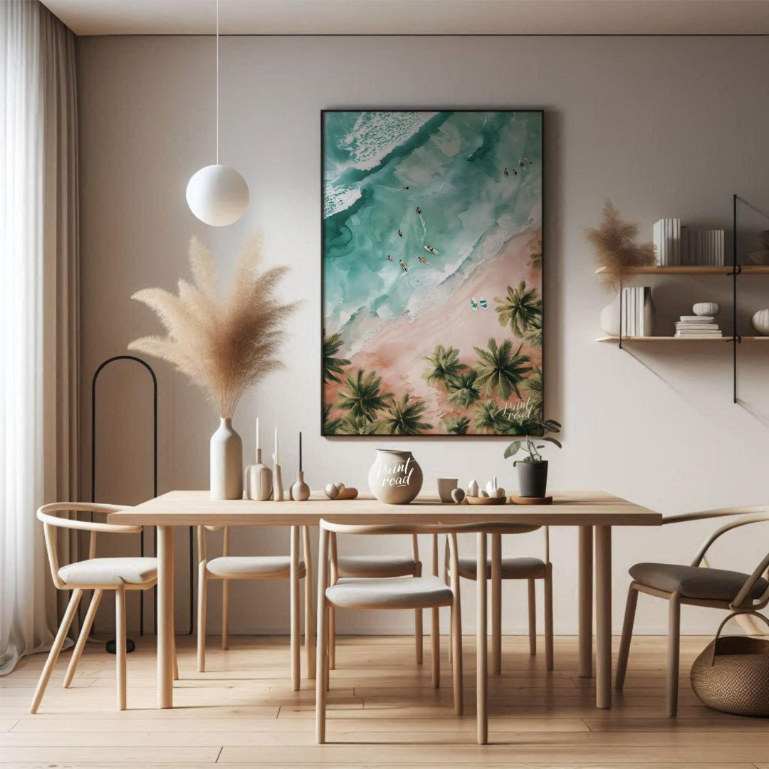 This aerial view captures a serene beach scene, blending the vibrant energy of surfers with the tra… for dining room