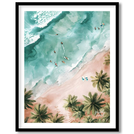 This aerial view captures a serene beach scene, blending the vibrant energy of surfers with the tra… for home