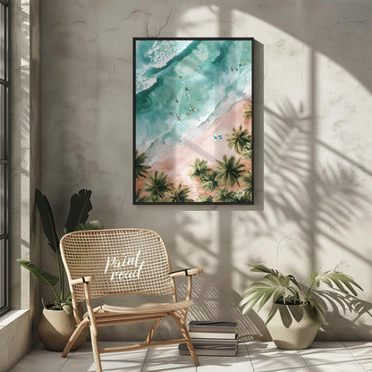 This aerial view captures a serene beach scene, blending the vibrant energy of surfers with the tra… for living room