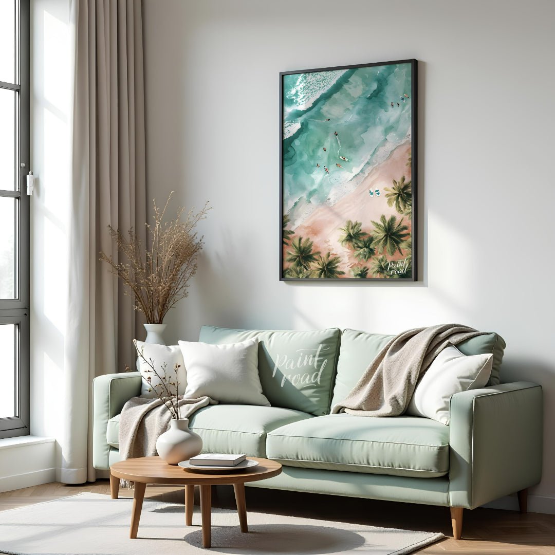 This aerial view captures a serene beach scene, blending the vibrant energy of surfers with the tra… for living room