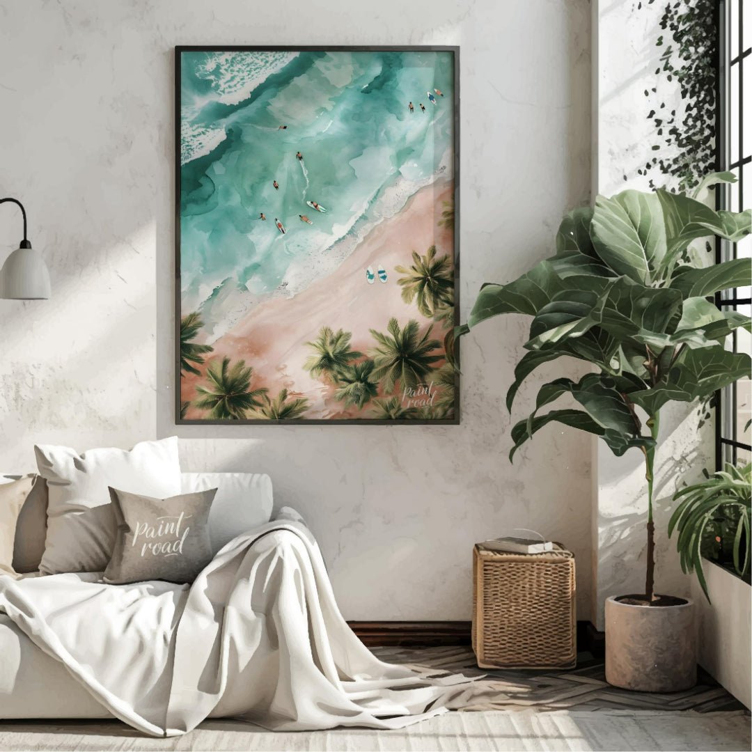 This aerial view captures a serene beach scene, blending the vibrant energy of surfers with the tra… for living room