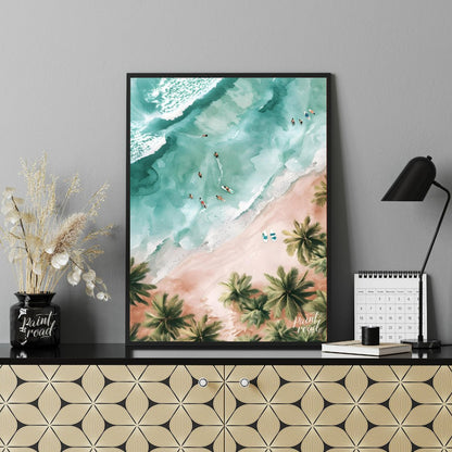 This aerial view captures a serene beach scene, blending the vibrant energy of surfers with the tra… for office