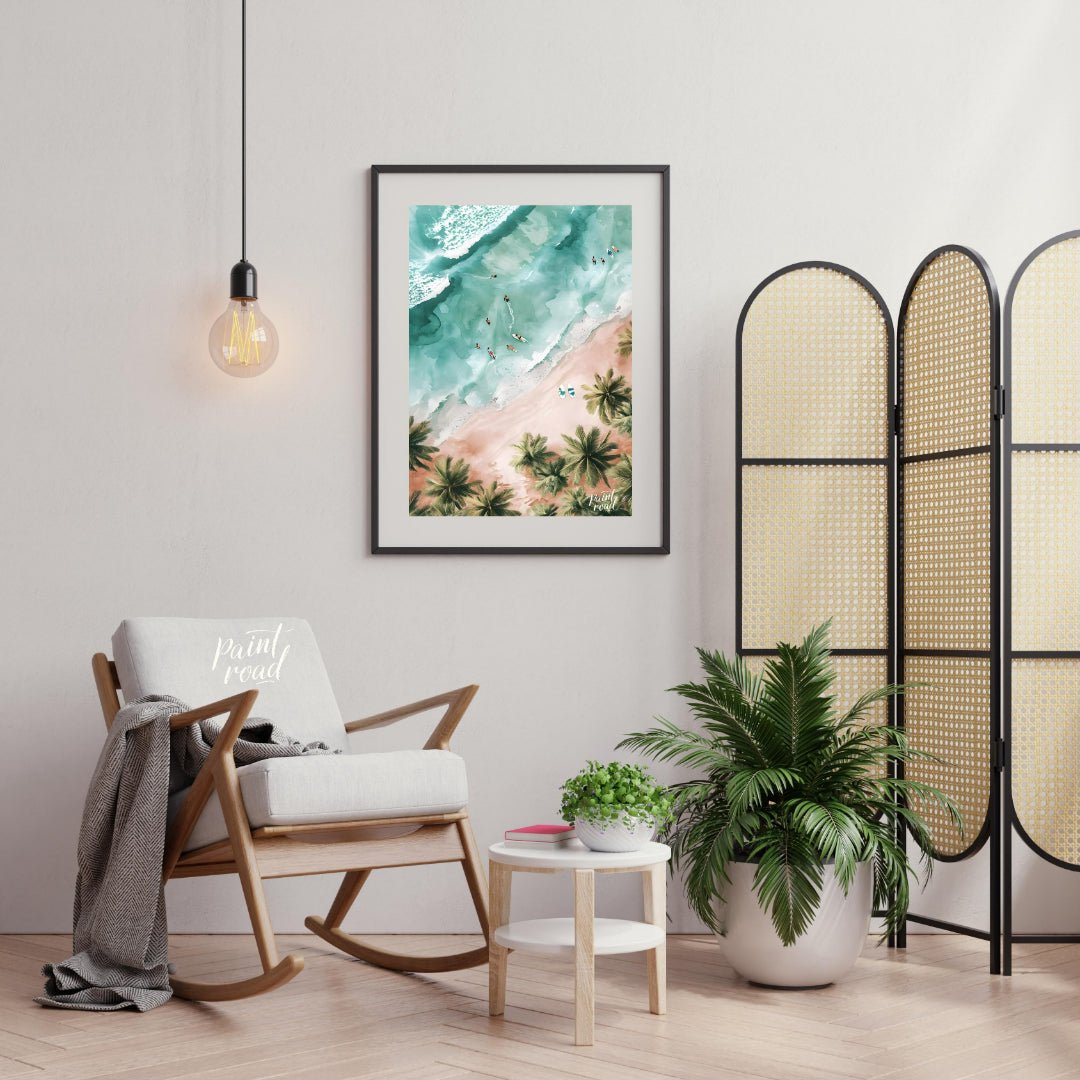 This aerial view captures a serene beach scene, blending the vibrant energy of surfers with the tra… for office