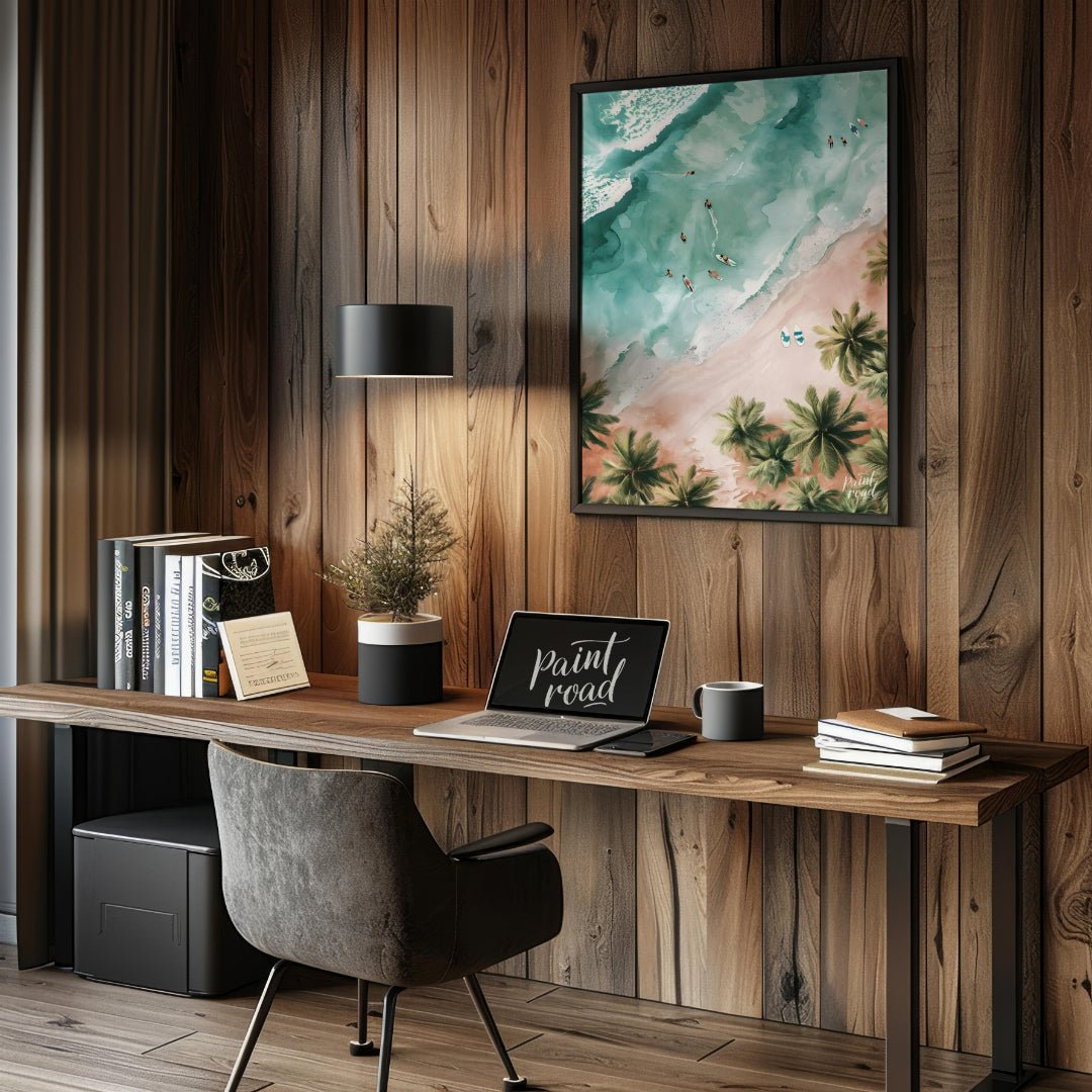 This aerial view captures a serene beach scene, blending the vibrant energy of surfers with the tra… for office