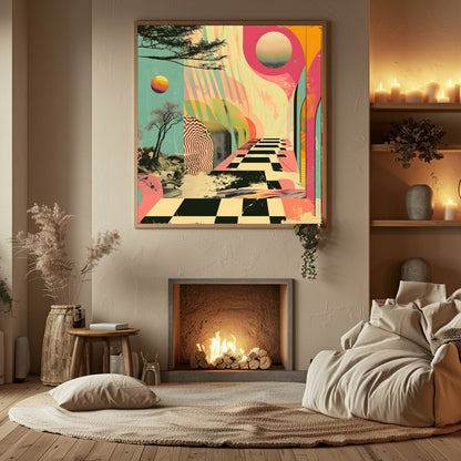 Dive into a world where reality blurs with imagination in this vibrant artwork. Its bold colors and for Hall