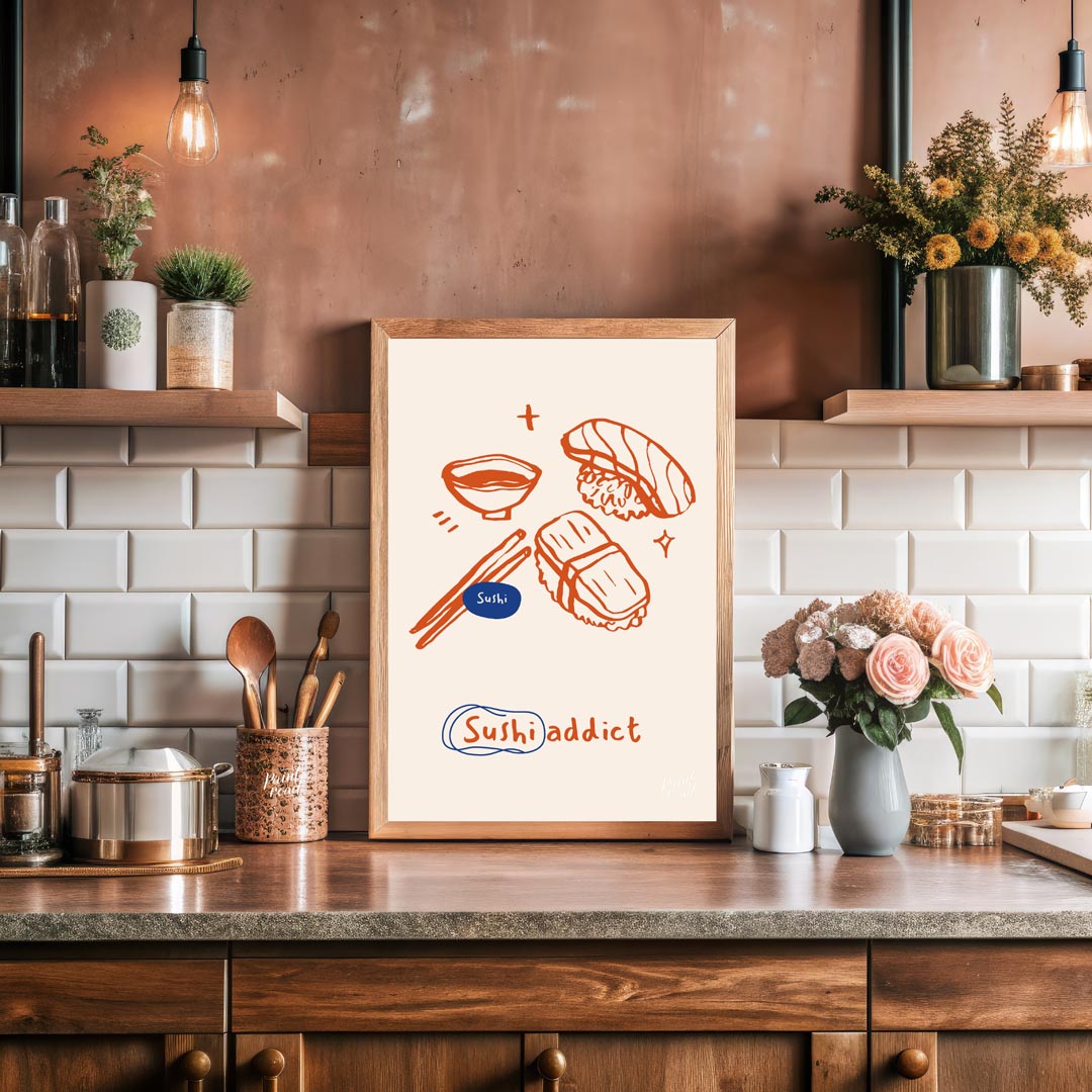 This playful and vibrant poster celebrates the love for sushi with its distinctive line art illustr… for kitchen