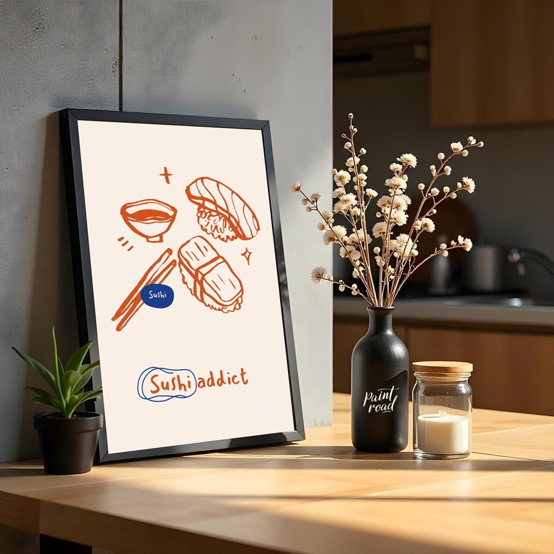 This playful and vibrant poster celebrates the love for sushi with its distinctive line art illustr… for kitchen