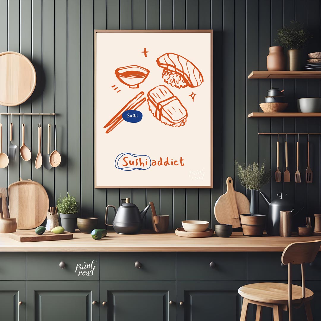 This playful and vibrant poster celebrates the love for sushi with its distinctive line art illustr… for kitchen