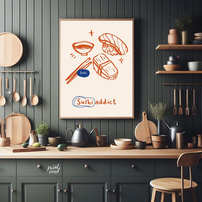 This playful and vibrant poster celebrates the love for sushi with its distinctive line art illustr… for kitchen