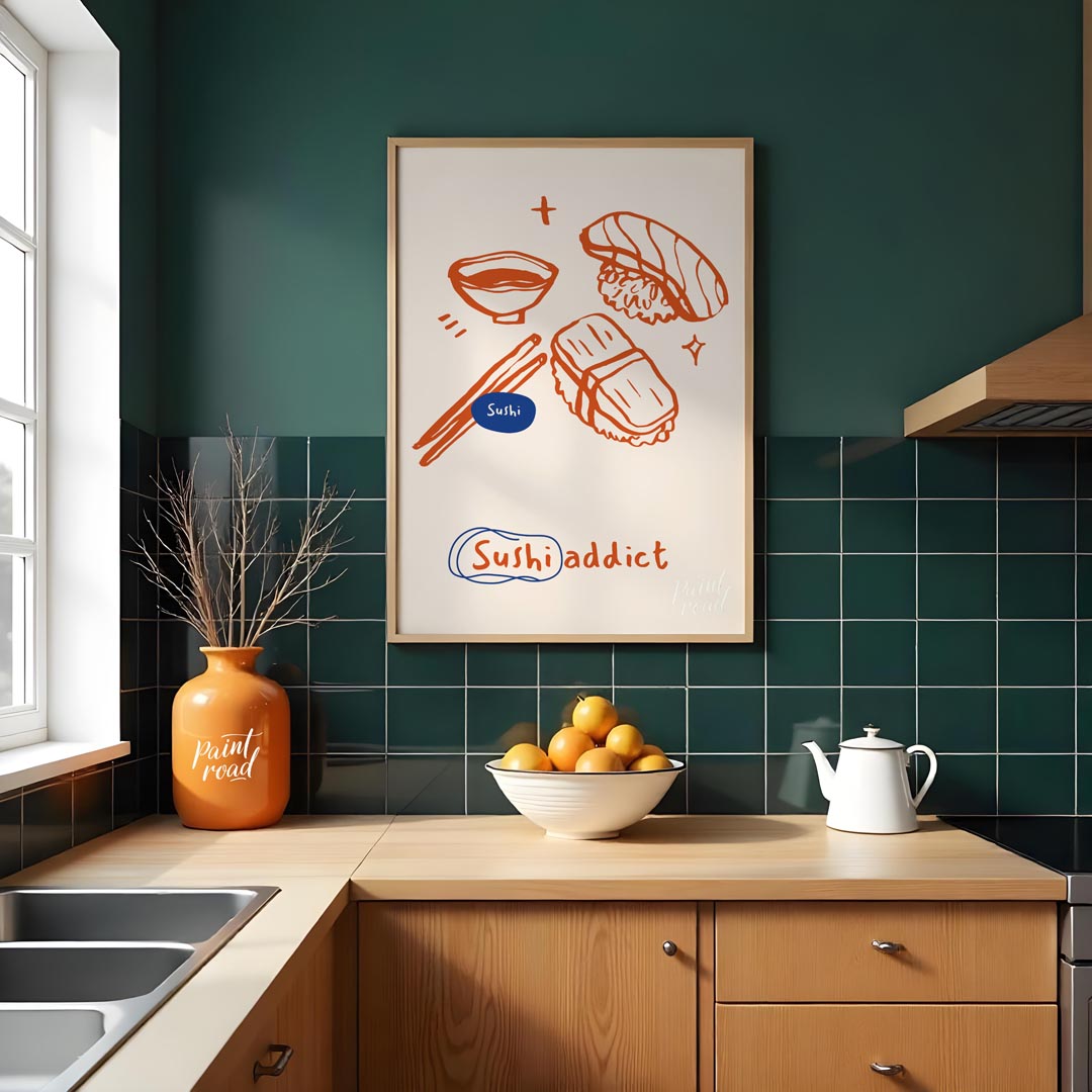 This playful and vibrant poster celebrates the love for sushi with its distinctive line art illustr… for kitchen