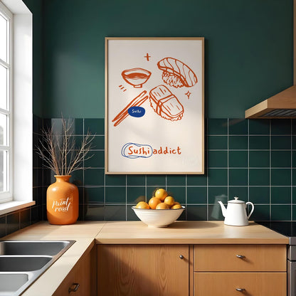 This playful and vibrant poster celebrates the love for sushi with its distinctive line art illustr… for kitchen