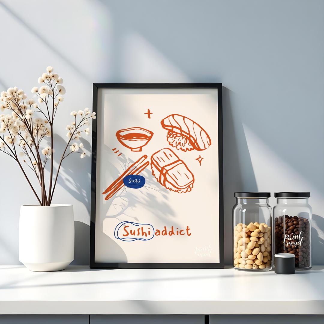 This playful and vibrant poster celebrates the love for sushi with its distinctive line art illustr… for kitchen