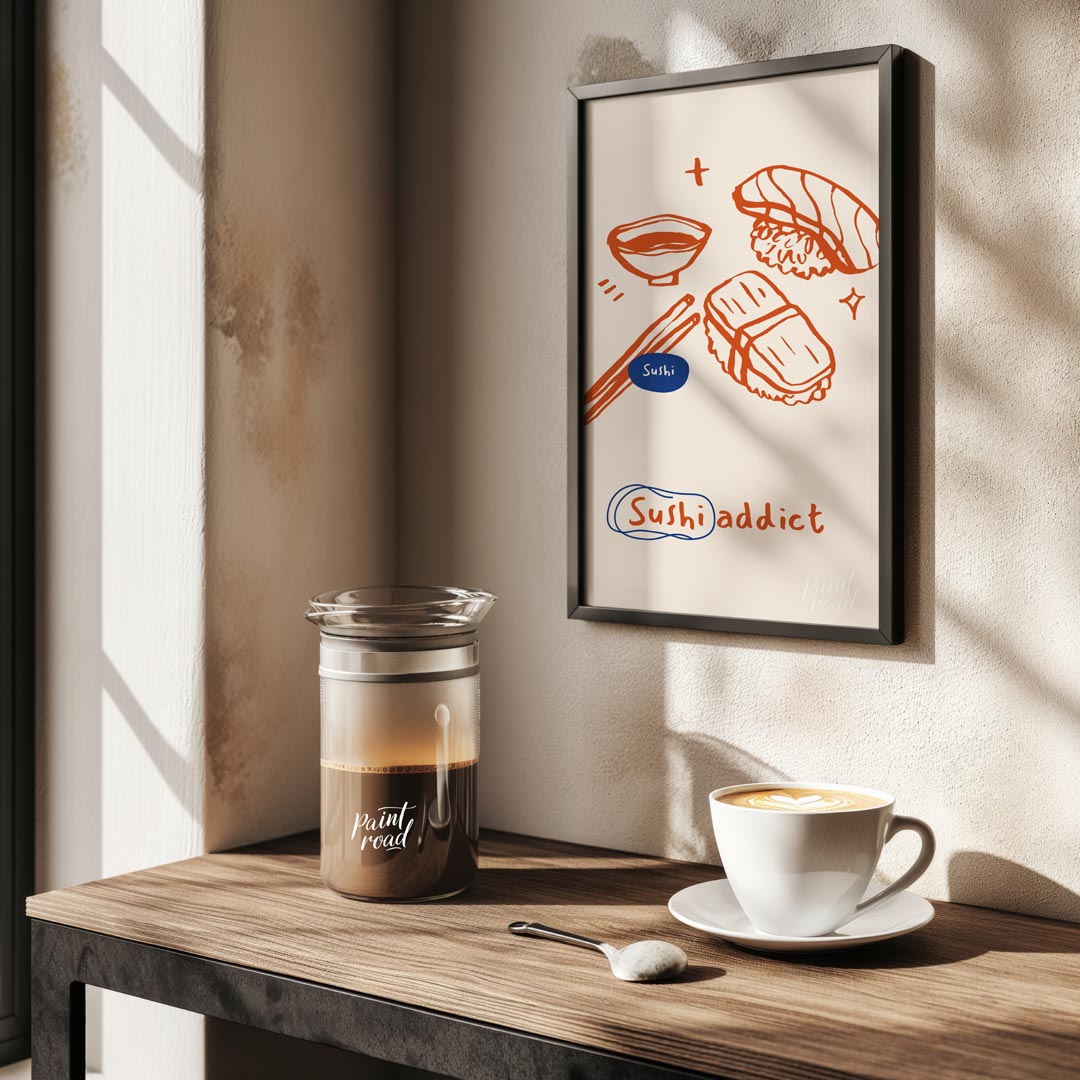 This playful and vibrant poster celebrates the love for sushi with its distinctive line art illustr… for kitchen