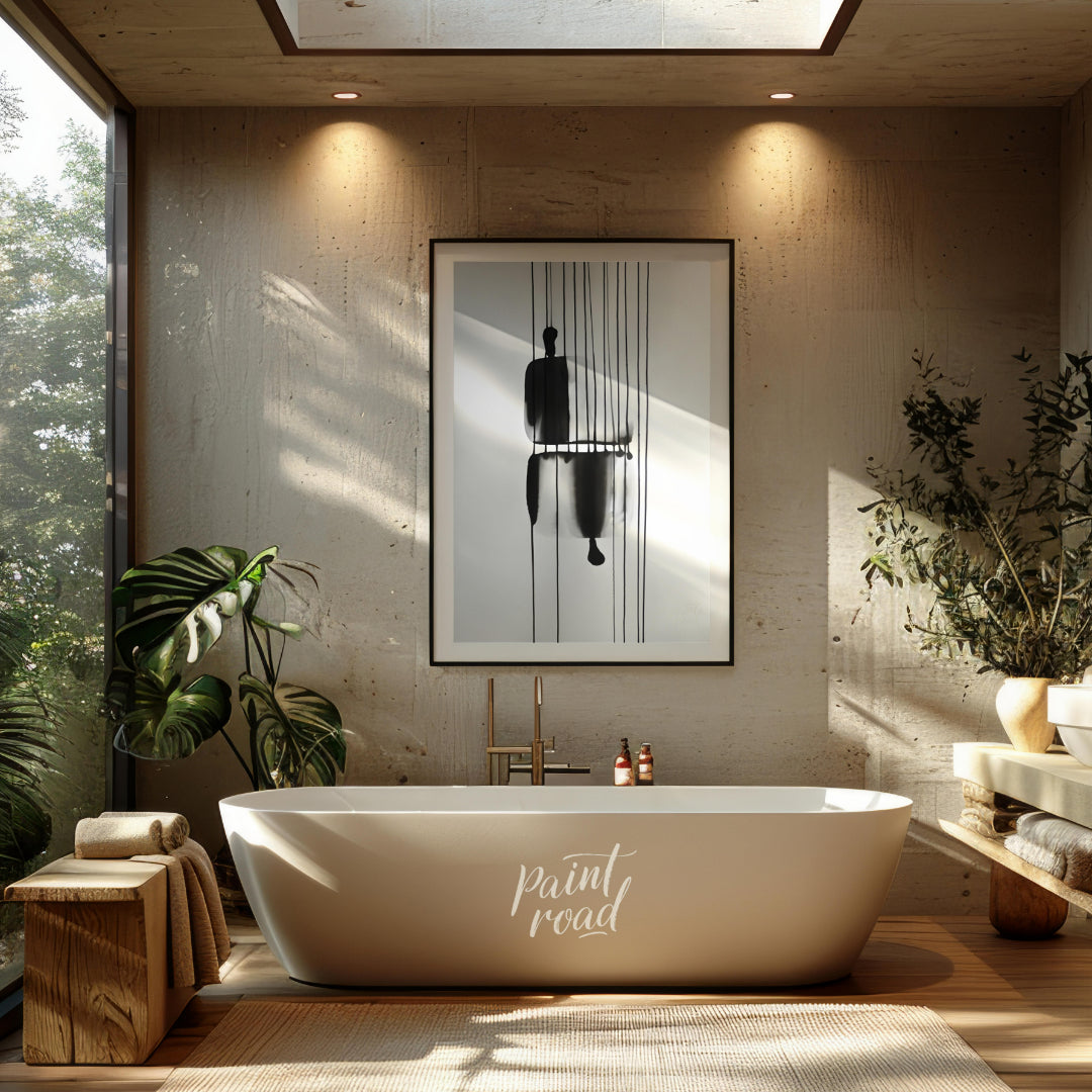 "Suspended Figure" presents a striking abstract composition featuring a dark, silhouetted figure su… for bathroom