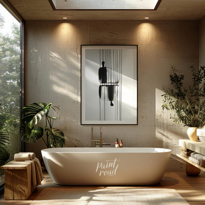 "Suspended Figure" presents a striking abstract composition featuring a dark, silhouetted figure su… for bathroom