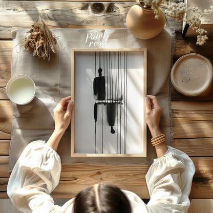"Suspended Figure" presents a striking abstract composition featuring a dark, silhouetted figure su… for dining room