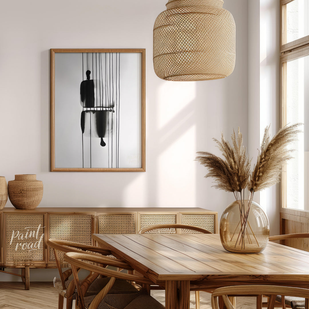 "Suspended Figure" presents a striking abstract composition featuring a dark, silhouetted figure su… for dining room