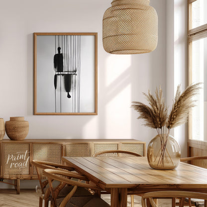 "Suspended Figure" presents a striking abstract composition featuring a dark, silhouetted figure su… for dining room