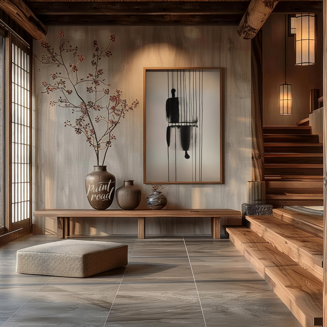 "Suspended Figure" presents a striking abstract composition featuring a dark, silhouetted figure su… for entryway