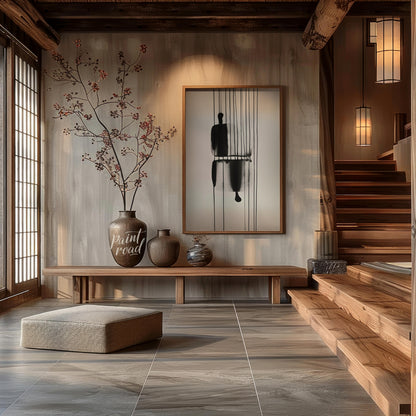 "Suspended Figure" presents a striking abstract composition featuring a dark, silhouetted figure su… for entryway