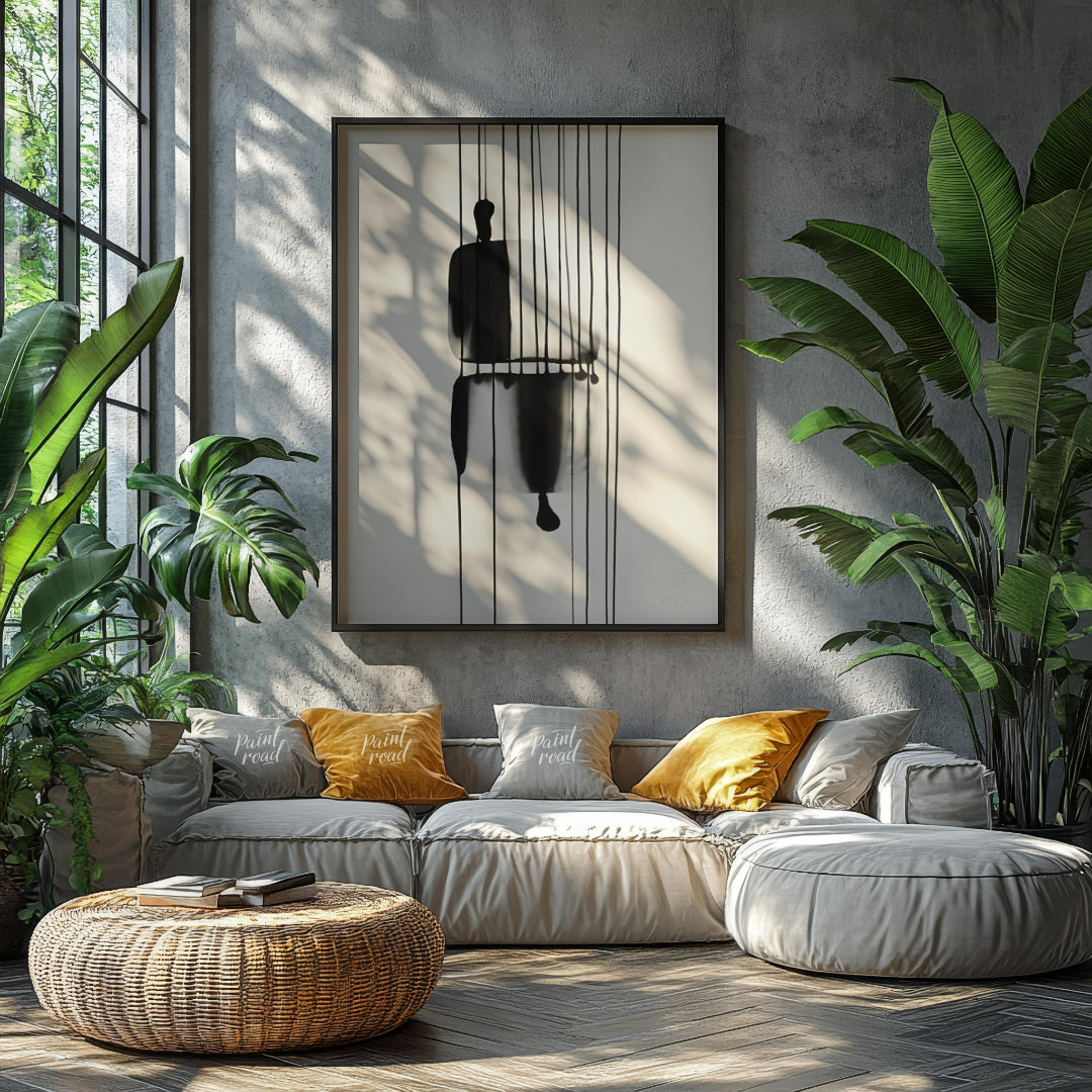 "Suspended Figure" presents a striking abstract composition featuring a dark, silhouetted figure su… for living room