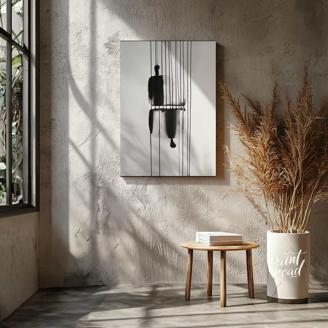 "Suspended Figure" presents a striking abstract composition featuring a dark, silhouetted figure su… for living room