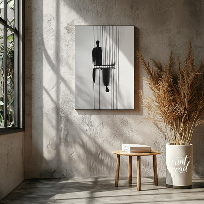 "Suspended Figure" presents a striking abstract composition featuring a dark, silhouetted figure su… for living room