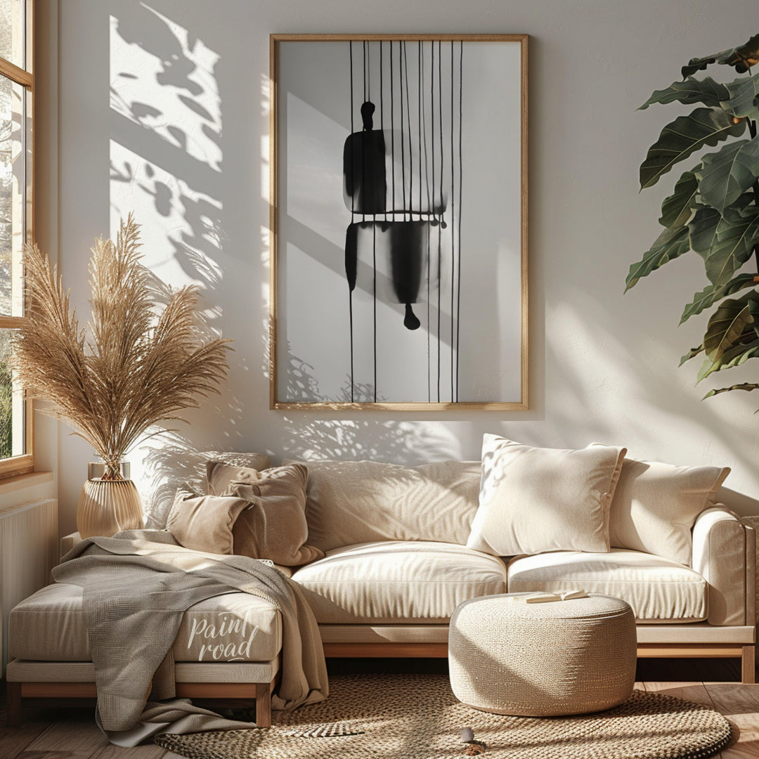 "Suspended Figure" presents a striking abstract composition featuring a dark, silhouetted figure su… for living room