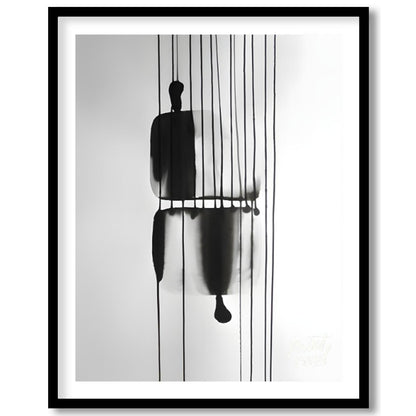 "Suspended Figure" presents a striking abstract composition featuring a dark, silhouetted figure su… for sweet home