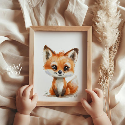 An absolutely adorable watercolor illustration portrays a charming fox cub with large, expressive e… for nursery