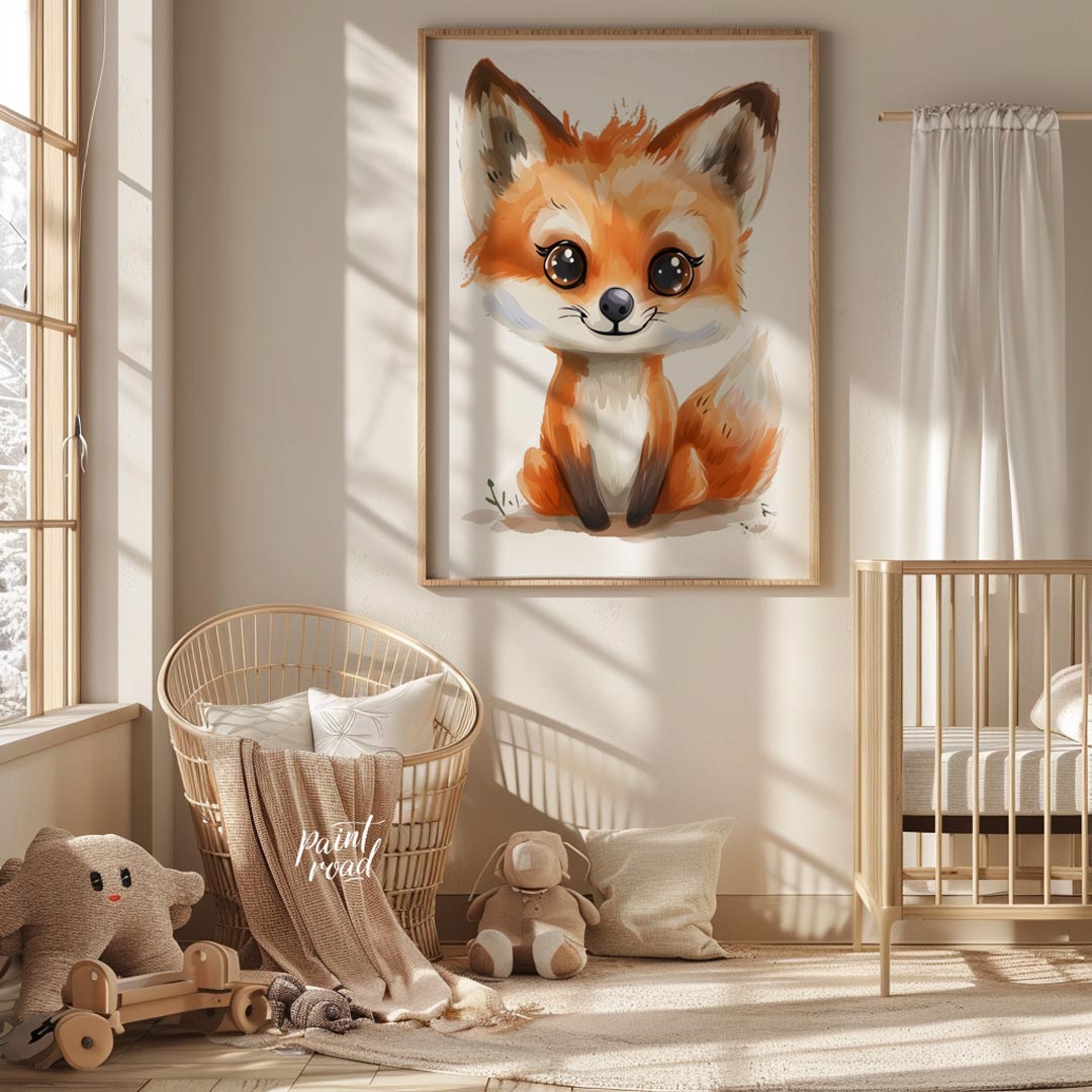 An absolutely adorable watercolor illustration portrays a charming fox cub with large, expressive e… for nursery
