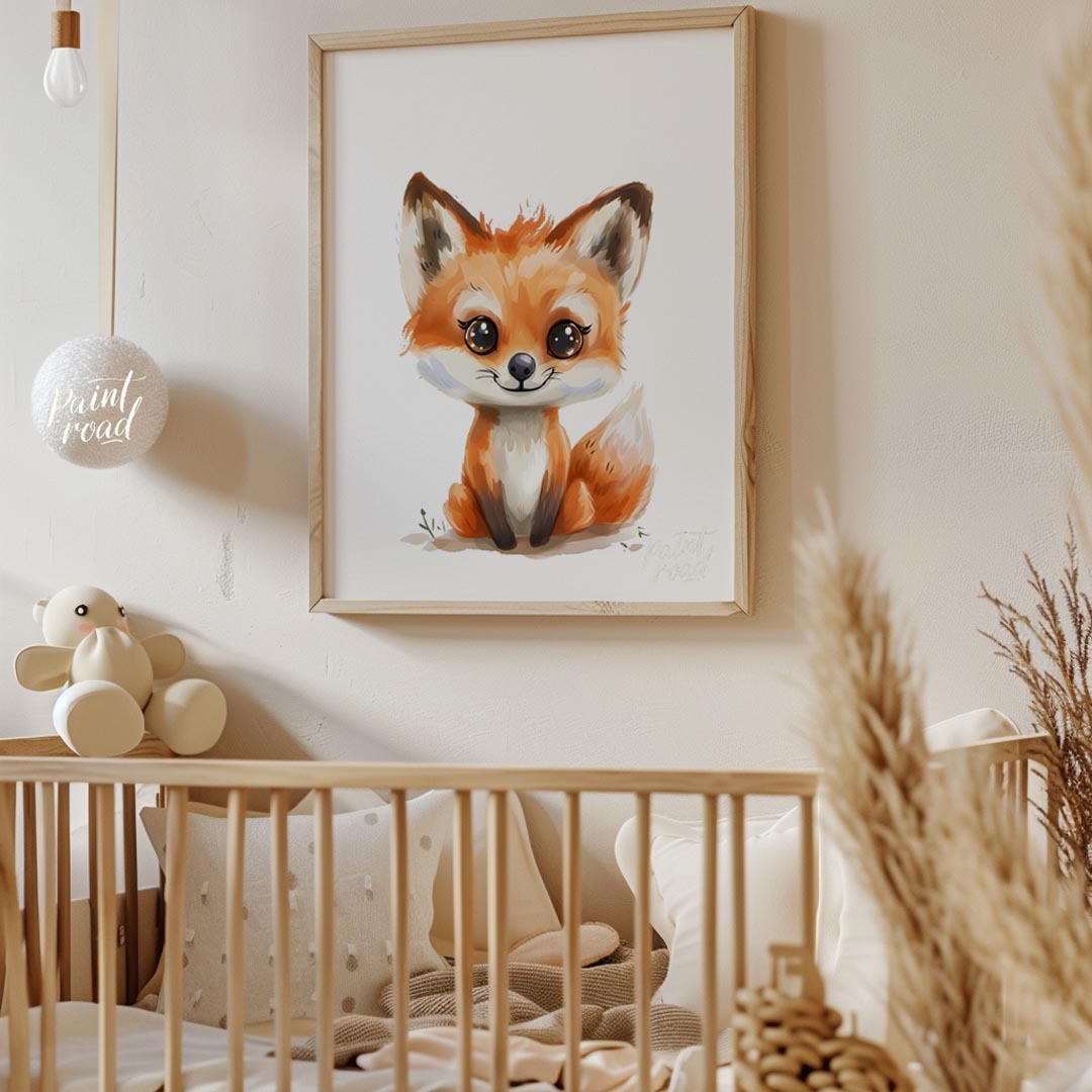 An absolutely adorable watercolor illustration portrays a charming fox cub with large, expressive e… for nursery