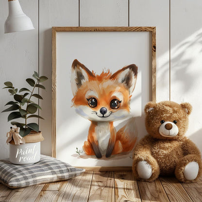 An absolutely adorable watercolor illustration portrays a charming fox cub with large, expressive e… for nursery