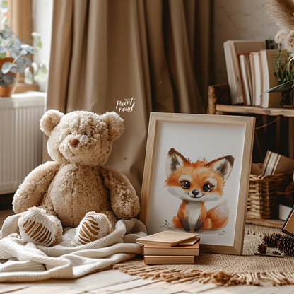 An absolutely adorable watercolor illustration portrays a charming fox cub with large, expressive e… for nursery