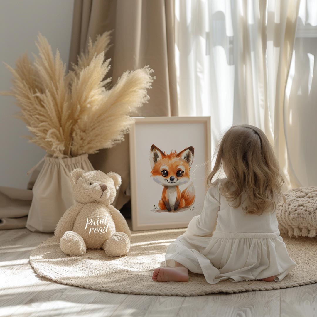 An absolutely adorable watercolor illustration portrays a charming fox cub with large, expressive e… for nursery