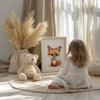 An absolutely adorable watercolor illustration portrays a charming fox cub with large, expressive e… for nursery