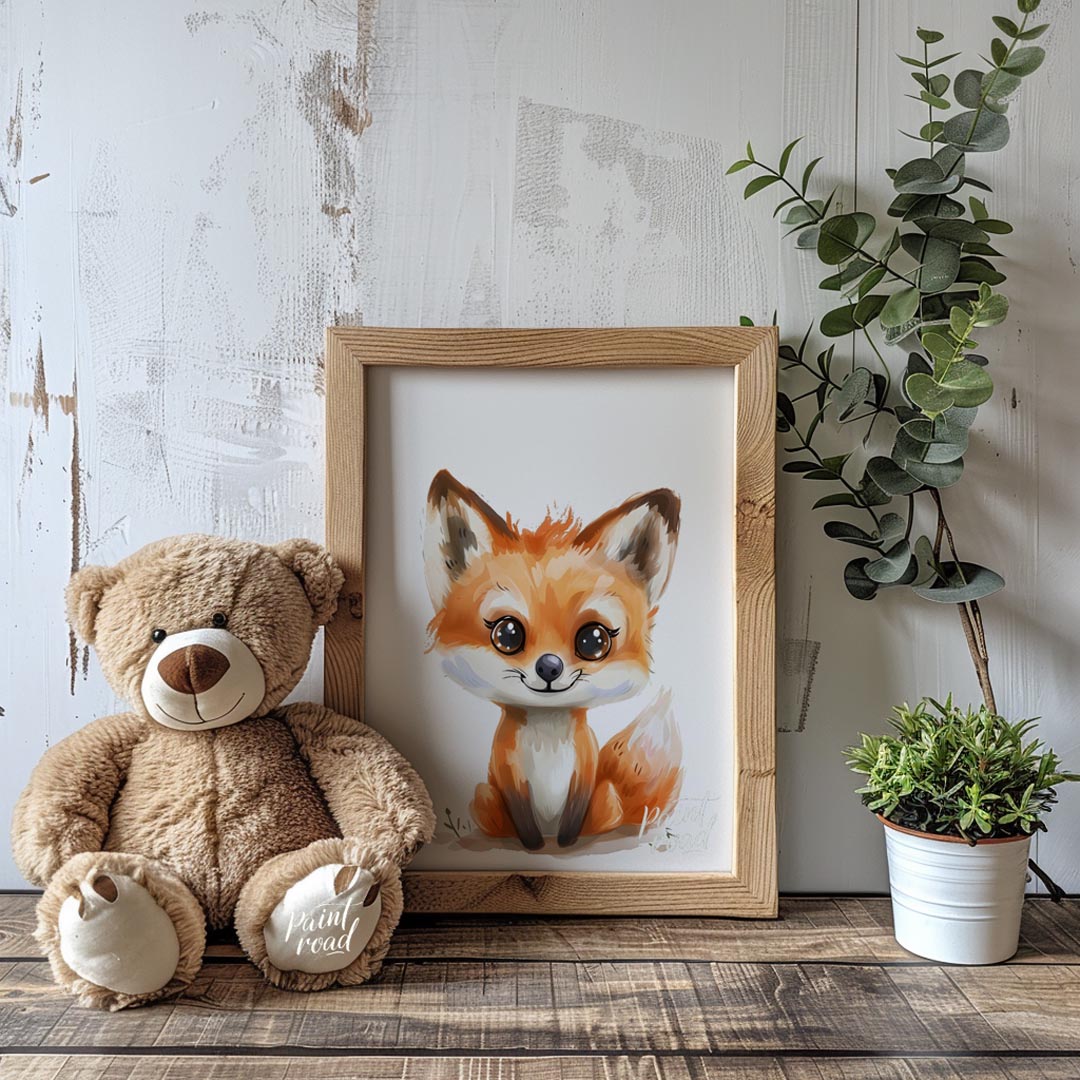 An absolutely adorable watercolor illustration portrays a charming fox cub with large, expressive e… for nursery