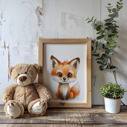 An absolutely adorable watercolor illustration portrays a charming fox cub with large, expressive e… for nursery